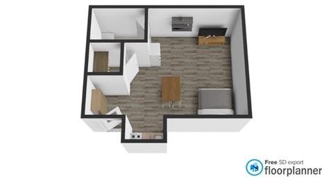 A floor plan of a house with a kitchen, living room, and two bedrooms.